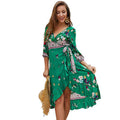 Creative Asymmetric Surplice Design Three-quarter Sleeve Frilled Dress