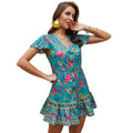 Bohemian Style Bright Color Women Short-sleeve Floral Dress