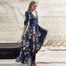 Fashion Multicolor Boho Print Women Three-quarter Sleeve Maxi Dress