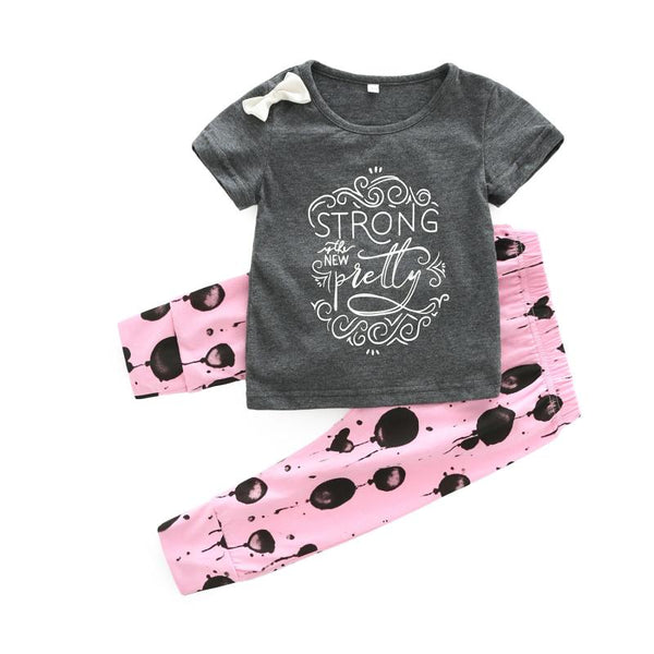 2 Pcs Girls Cotton Letter Printed Tops And Cute Pants