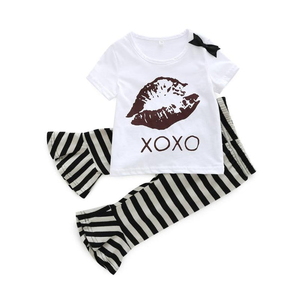 2 Psc Set Girls Cotton Lip Printed Short Sleeves Tops And Pants