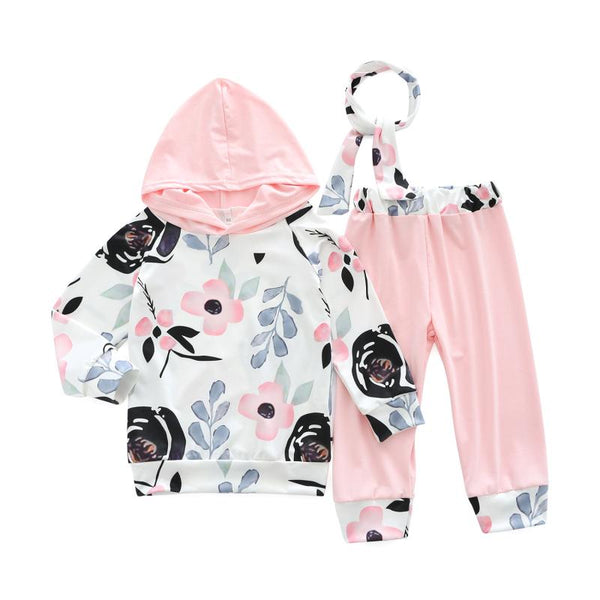 3 Pcs Girls Cotton Floral Printed Hoodies And Pants And Headbands