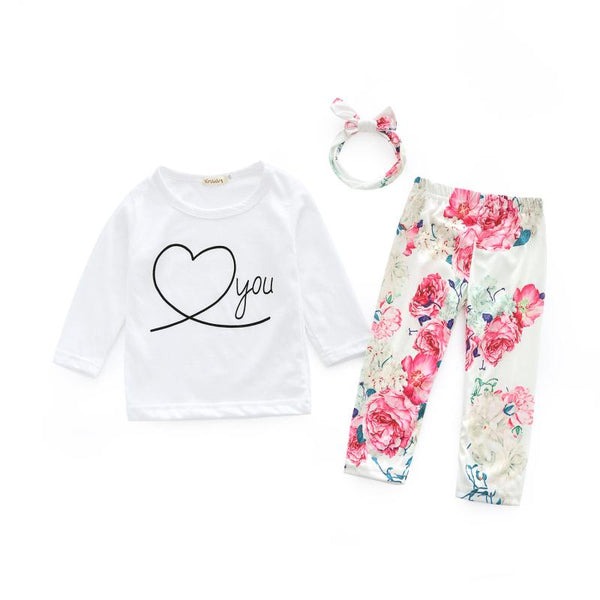 3 Pcs Girls Cotton Long Sleeves Tops And Floral Printed Pants And Headbands