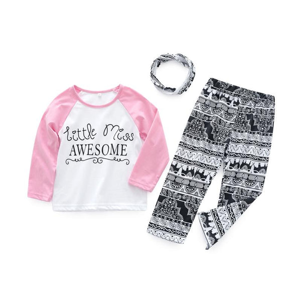 3 Pcs Girls Cotton Patchwork Long Sleeves Tees And Pants And Headbands