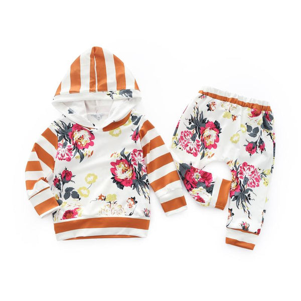2 Pcs Girls Cotton Floral Printed Patchwork Hoodies And Pants