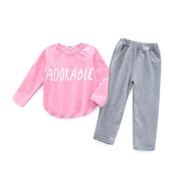 2 Pcs Girls Cotton Pink Tops And Grey Pants