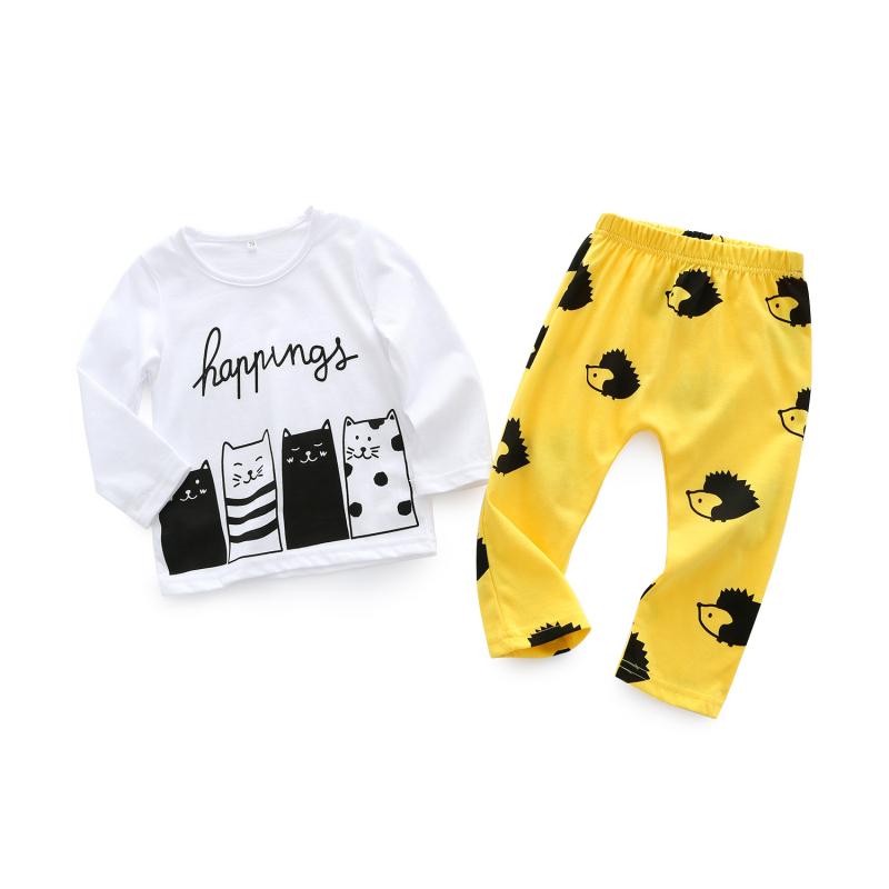 2 Pcs Boys Cotton Cute Cats Printed Tops And Pants