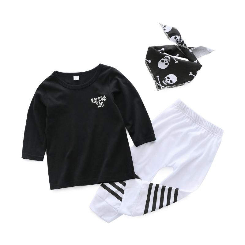 3 Pcs Boys Black Long Sleeves Tops And Pants And Bibs