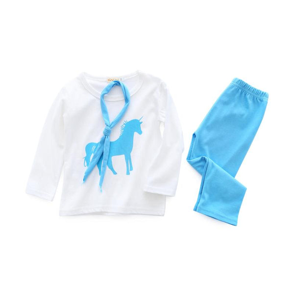3 Pcs Girls Cotton Horse Printed Tops And Blue Pants And Scarf