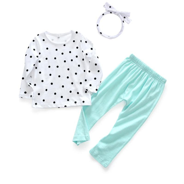3 Pcs Girls Cotton Dot Printed Long Sleeves And Pants And Headbands