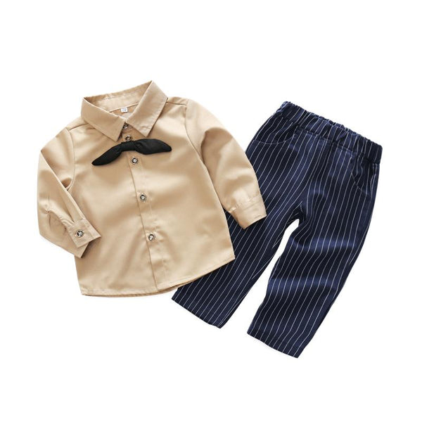 2 Pcs Boys Cotton Khaki Shirt And Stripes Pants