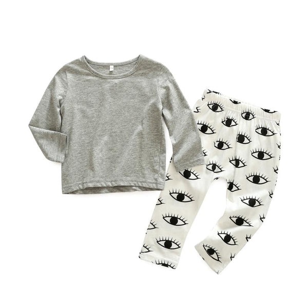 2 Pcs Baby Cotton Solid Color Tops And Eyes Printed Pants