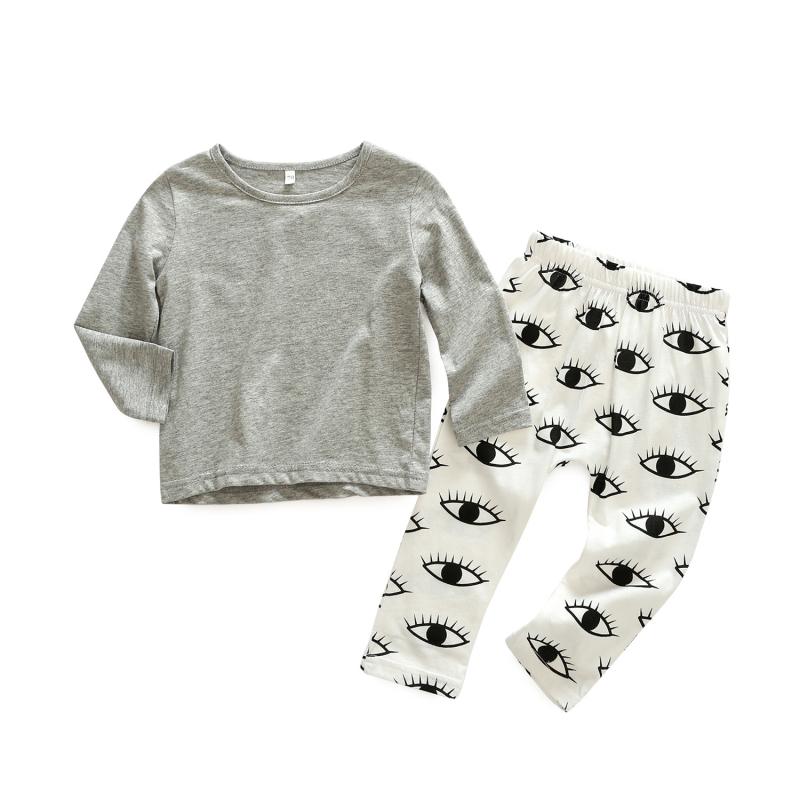 2 Pcs Baby Cotton Solid Color Tops And Eyes Printed Pants