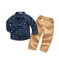 2 Pcs Boys Cotton Plaid Printed Shirts And Khaki Pants