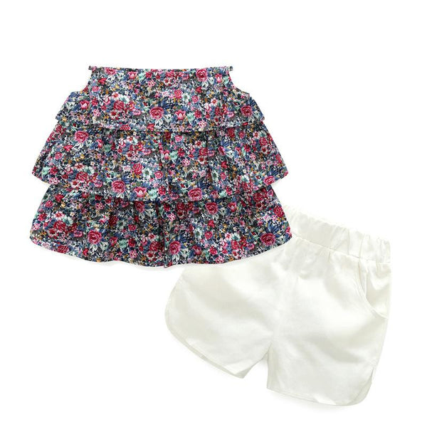 2 Pcs Girls Cotton Floral Printed Vest And White Shorts