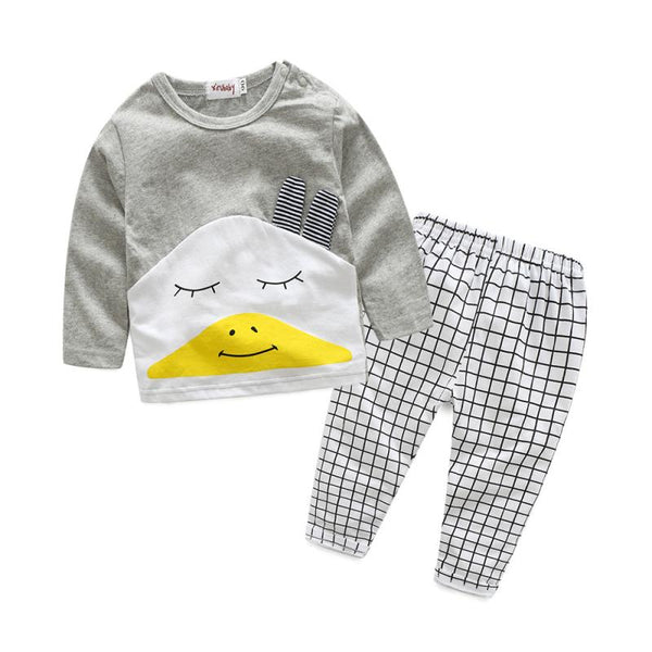 2 Pcs Cotton Baby Cute Pattern Tops And Plaid Printed Pants