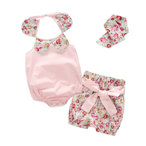 3 Pcs Girls Cotton Halterneck Bodysuits And Bowknot Design Shorts And Headbands
