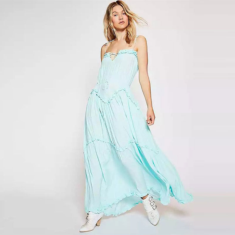 Fashion Solid Color Frilled Design Loose Pattern Maxi Dress