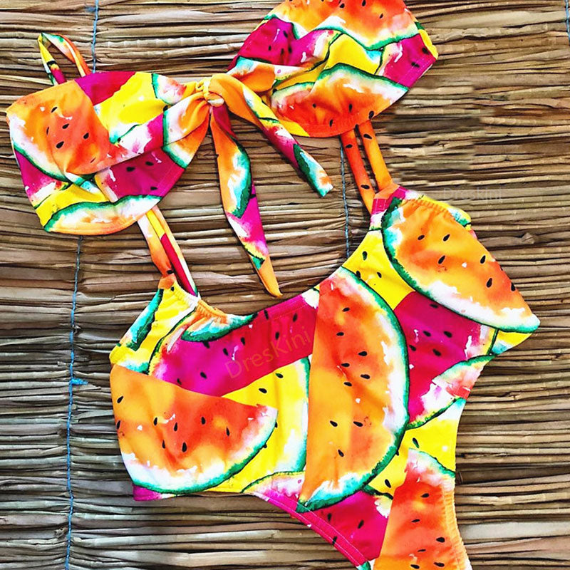 Bright Color Watermelon Birds Print Knotted Two-pieces Swimsuit