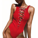 Fashion Sexy V Neck Lace-up Design Solid Color One-piece Swimwear