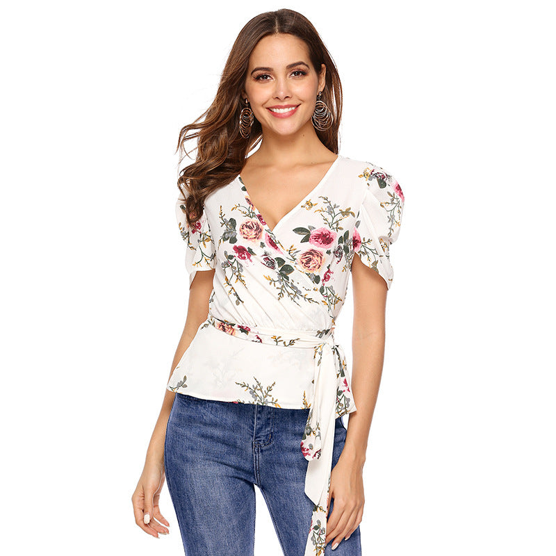 Elegant Women Lace-up Surplice Floral Blouse