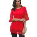 Lace Flare Sleeve Patchwork Solid Color Women Medium Length Blouse