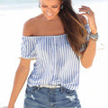 Women Classic Stripes Print Off-shoulder Short-sleeve Blouse