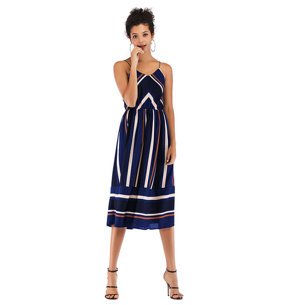 Fashion Irregular Contrast Stripes Design Slip Dress