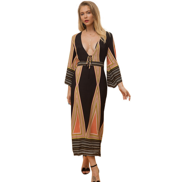 Flare Sleeve Deep V Neck Geometric Contrast Boho Dress