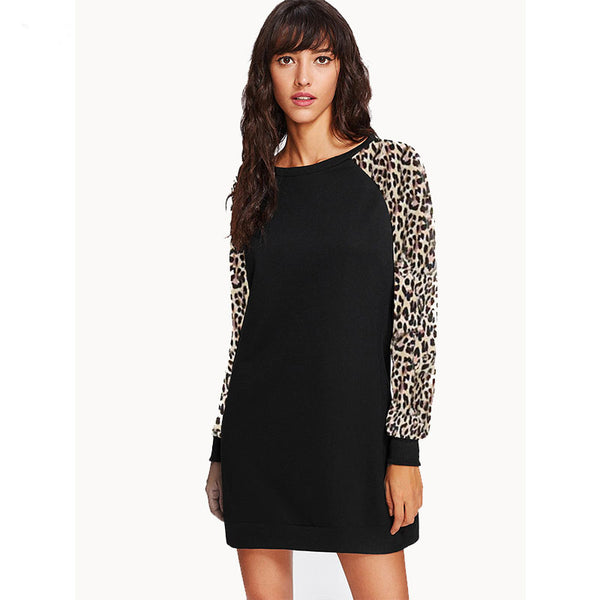 Hot Sale Women Casual Style Leopard Print Patchwork Long-sleeve Dress