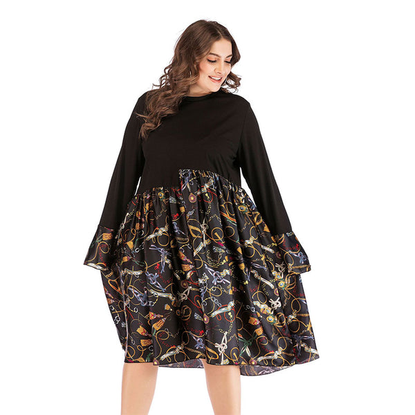 Casual Women Long-sleeve Patchwork Large Hemline Plus Size Dress