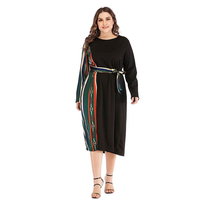 Asymmetric Contrast Stripes Print Long-sleeve Plus Size Casual Dress