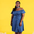 Denim Color Off-shoulder Design Women Plus Size Single-breasted Dress