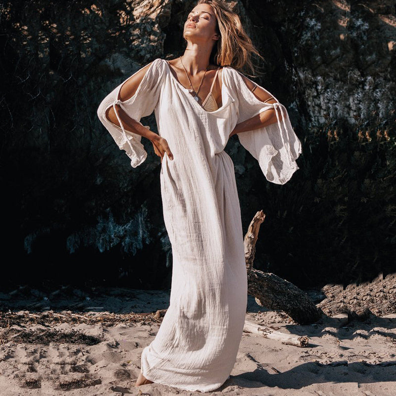 Fashion Solid Color Knotted-sleeve Round Neck Summer Beach Maxi Dress