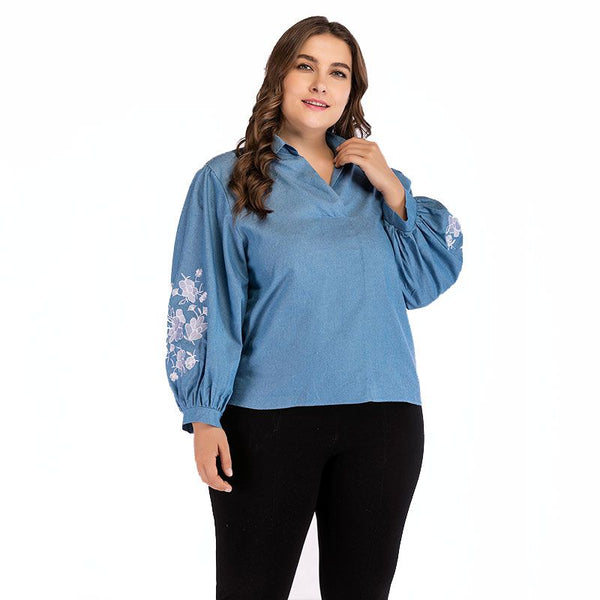 Denim Color Puff-sleeve Flower Embroidered Plus Size Blouse