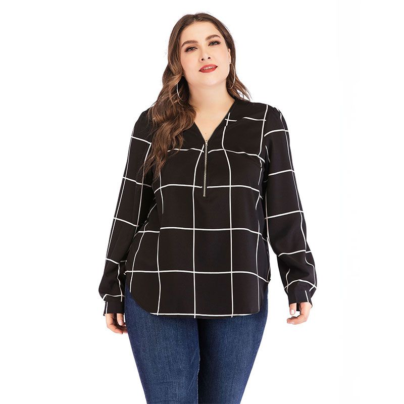 Checkered Pattern Long-sleeve Plus Size Women Loose Blouse