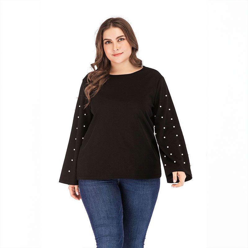 Fashion Imitation Pearl Design Long-sleeve Black Blouse