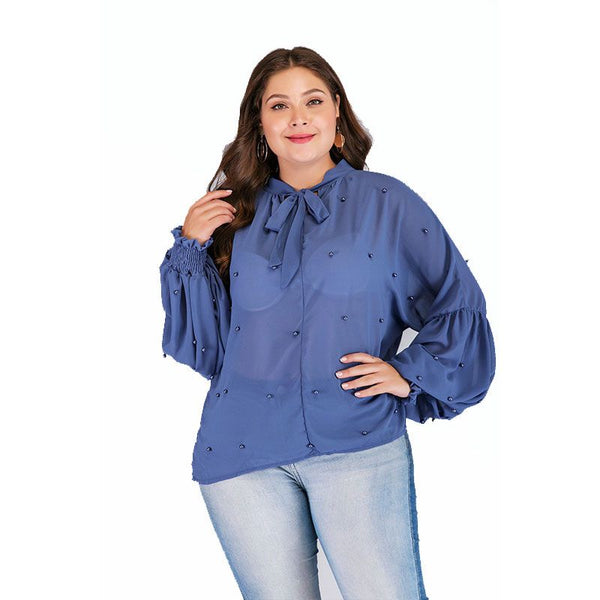 Loose Pattern Lantern Sleeve Beaded Design Plus Size Blouse