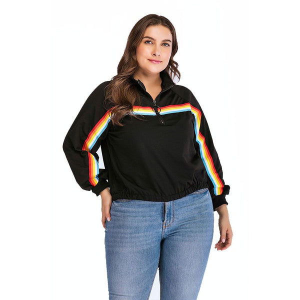 Casual Rainbow Stripes Pattern Women Long-sleeve Stand Collar Sweatshirt