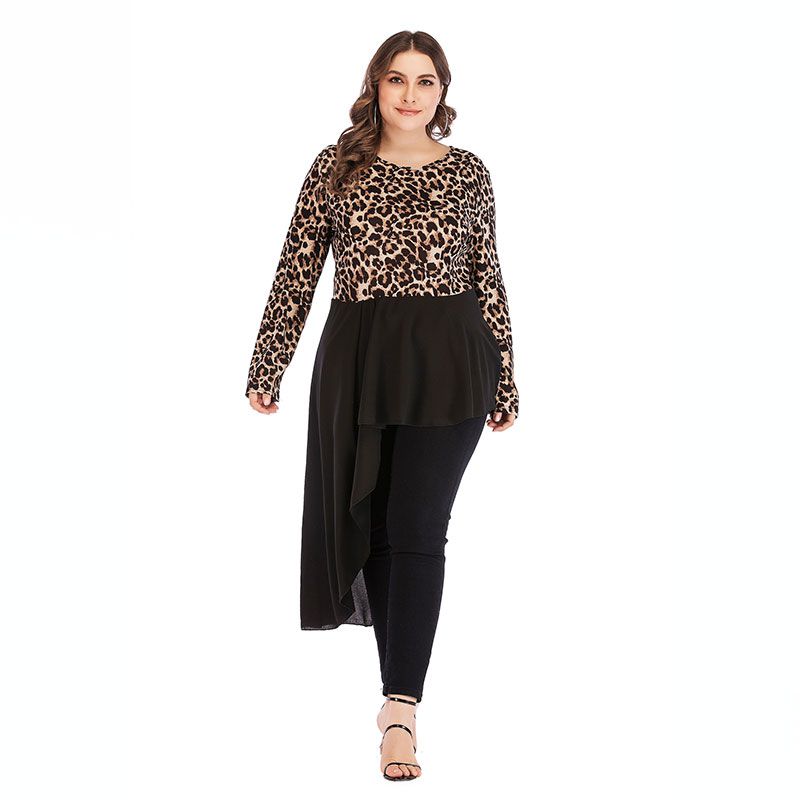 Fashion Leopard Print Women Long-sleeve Asymmetric Hemline Blouse