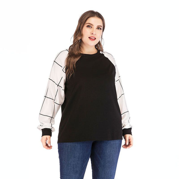 Fashion Checkered Long Sleeve Contrast Color Pullover Plus Size Sweatshirt