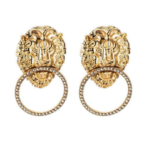 Creative Lion Head Design Rhinestone Alloy Circle Earrings