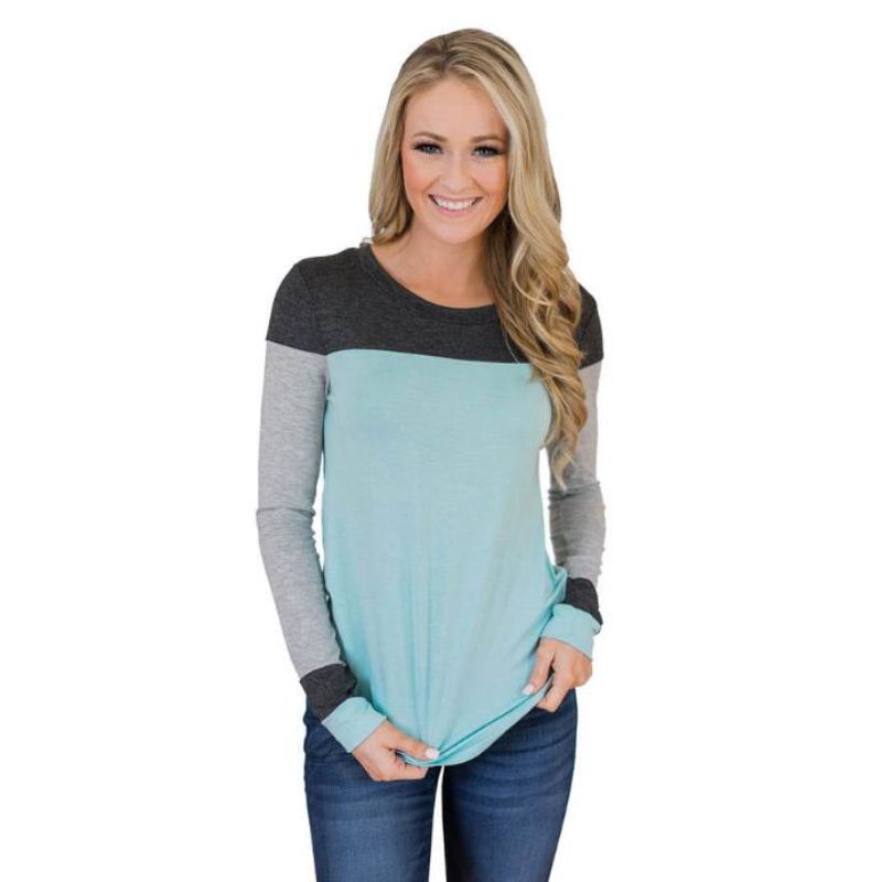 Fashion Color Blocking Long Sleeve Round Neck Casual T-shirt