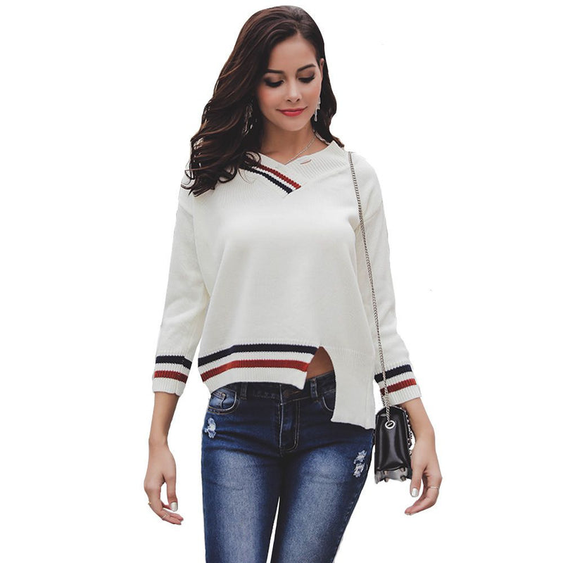 Asymmetric Stripes Design Women Long-sleeve Casual Sweater