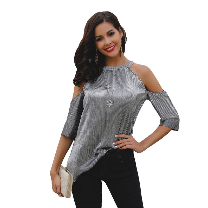 Fashion Metallic Pattern Silver Color Cool-shoulder T-shirt