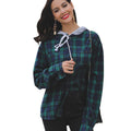 Casual Women Plaid Pattern Long Sleeve Drawstring Cap Blouse