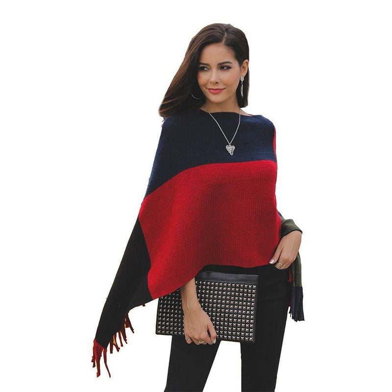 Women Casual Style Color Blocking Tassel Knitting Cloak