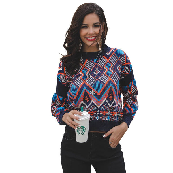 Multicolor Knitting Women Long-sleeve Pullover Geometric Sweater