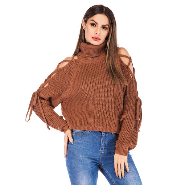 Creative Lace-up Cool-shoulder Design Mock Neck Casual Sweater