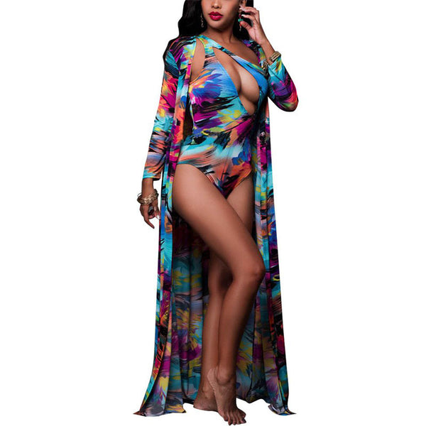 Multicolor Print Long-sleeve Cover Up One-shoulder Swimwear 2pcs/set